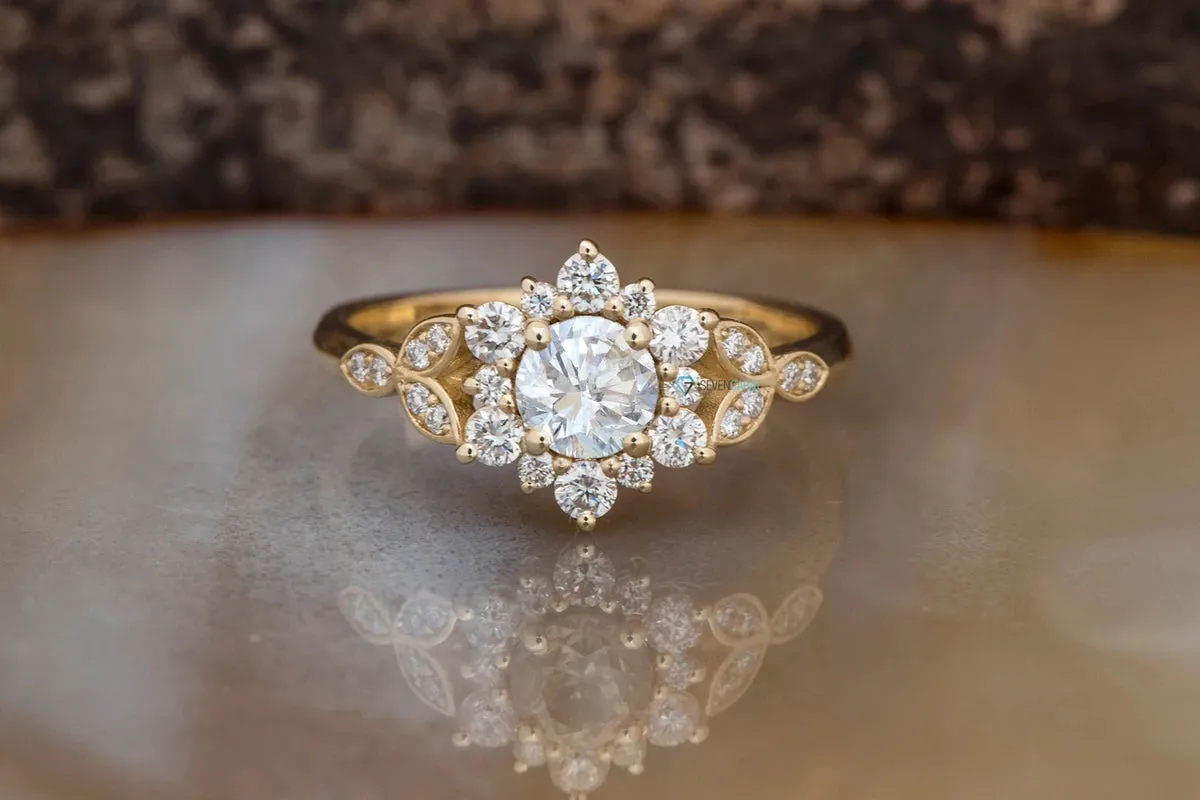 1 carat flower diamond ring-Art deco Engagement Ring-Flower engagement ring-Promise ring-Leaf ring-Custom Ring-Round engagement-Solid gold