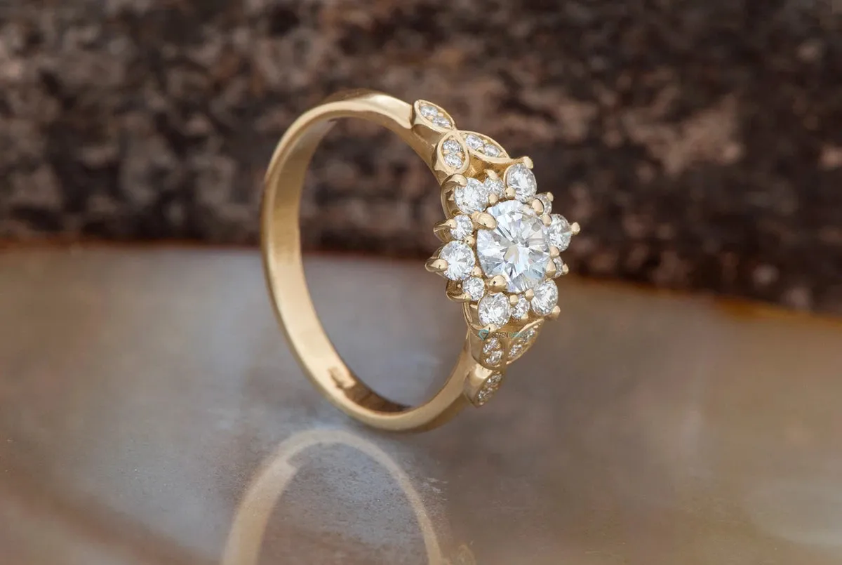 1 carat flower diamond ring-Art deco Engagement Ring-Flower engagement ring-Promise ring-Leaf ring-Custom Ring-Round engagement-Solid gold
