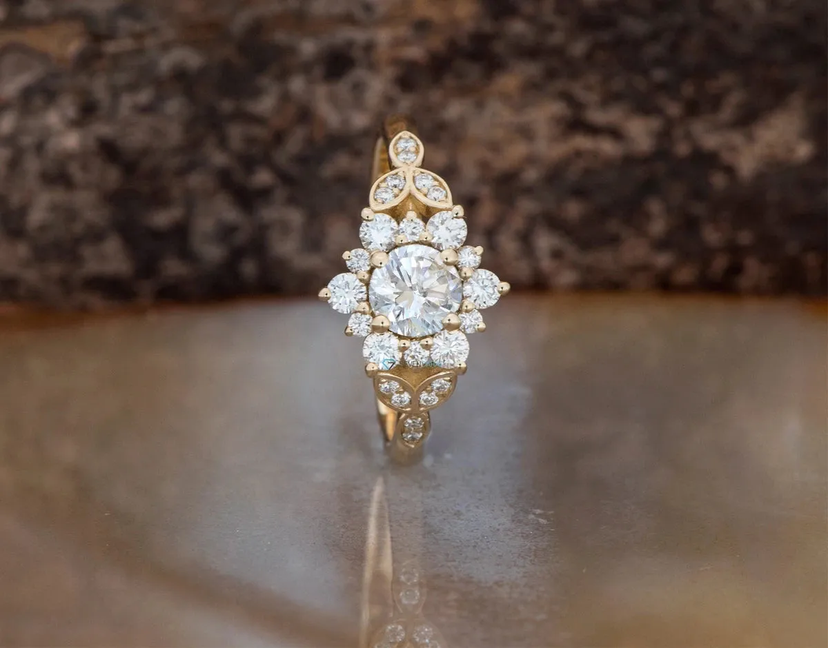 1 carat flower diamond ring-Art deco Engagement Ring-Flower engagement ring-Promise ring-Leaf ring-Custom Ring-Round engagement-Solid gold