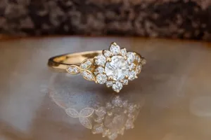 1 carat flower diamond ring-Art deco Engagement Ring-Flower engagement ring-Promise ring-Leaf ring-Custom Ring-Round engagement-Solid gold