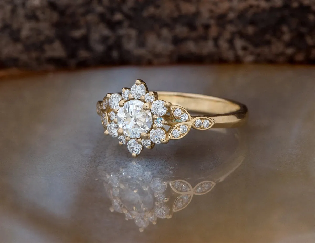 1 carat flower diamond ring-Art deco Engagement Ring-Flower engagement ring-Promise ring-Leaf ring-Custom Ring-Round engagement-Solid gold