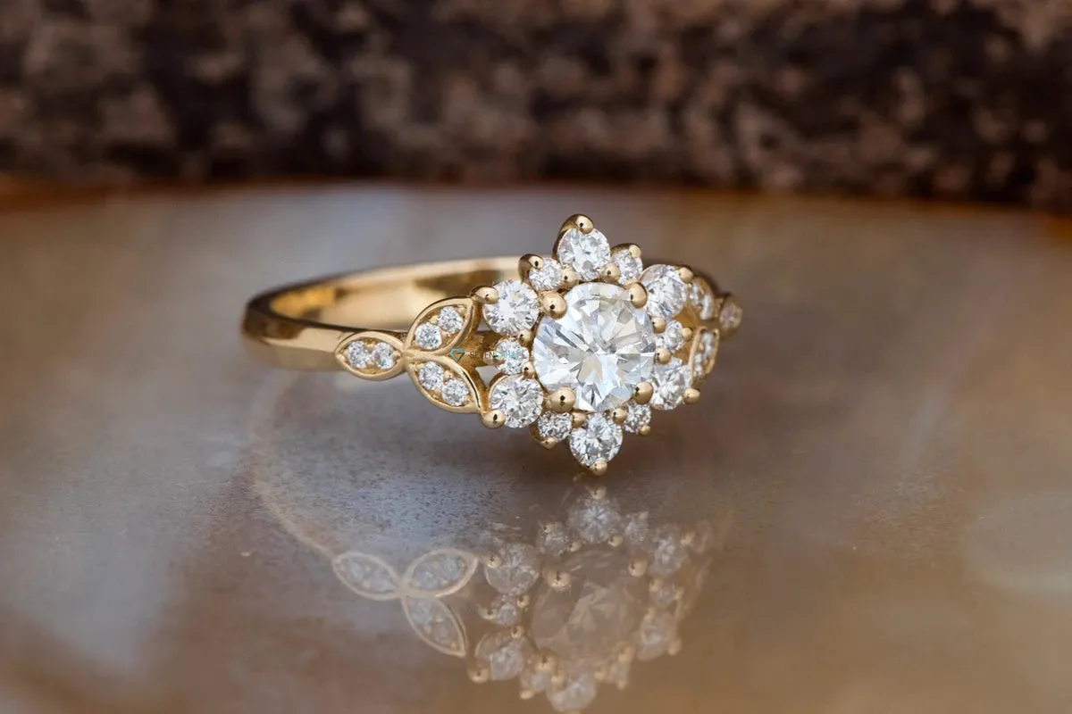 1 carat flower diamond ring-Art deco Engagement Ring-Flower engagement ring-Promise ring-Leaf ring-Custom Ring-Round engagement-Solid gold