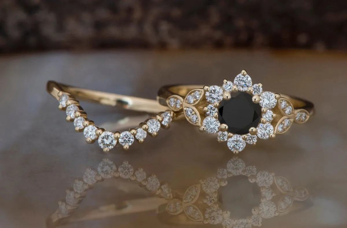 1 carat Flower wedding ring set-Art deco wedding set-Diamond leaf ring yellow gold-Promise ring-Gatsby Diamond Bridal set ring