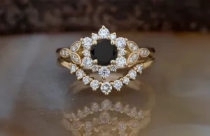1 carat Flower wedding ring set-Art deco wedding set-Diamond leaf ring yellow gold-Promise ring-Gatsby Diamond Bridal set ring