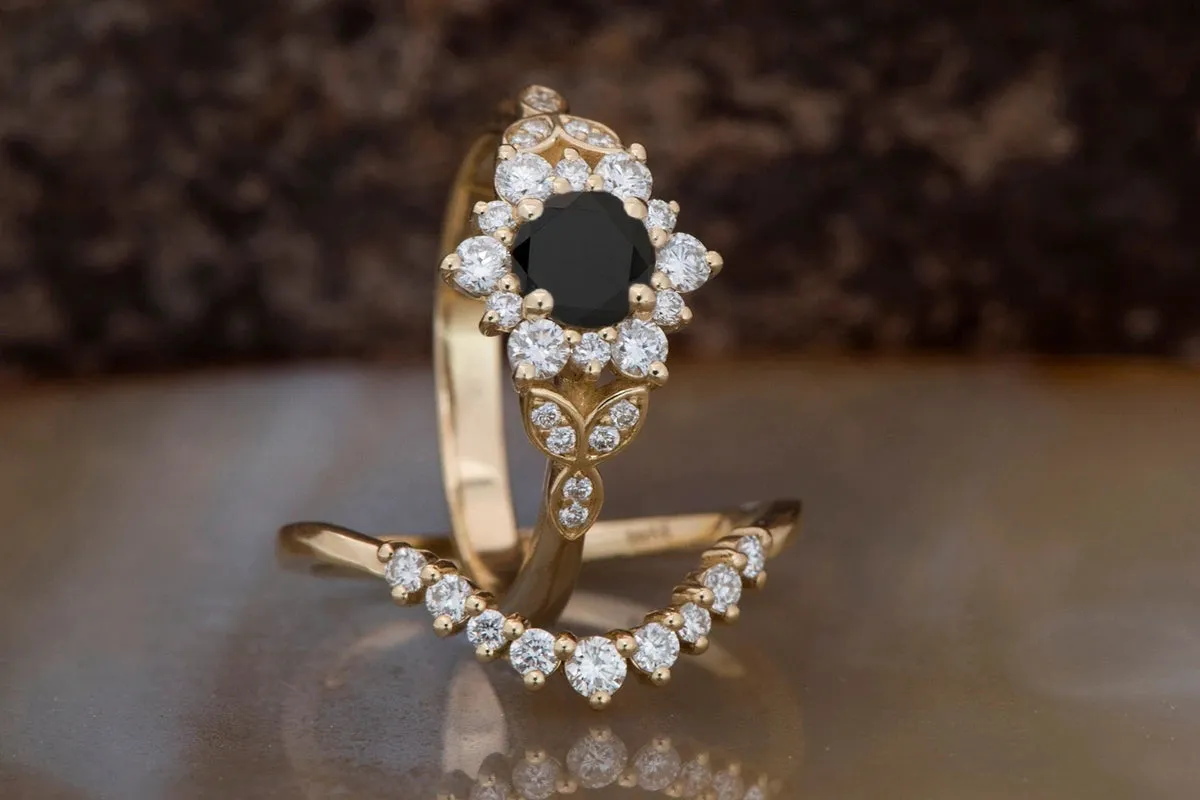 1 carat Flower wedding ring set-Art deco wedding set-Diamond leaf ring yellow gold-Promise ring-Gatsby Diamond Bridal set ring