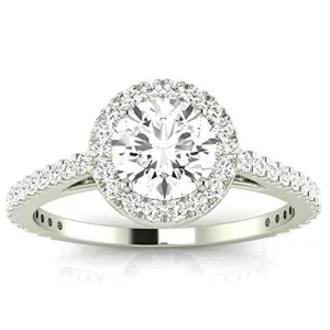 1 Carat t.w. 14K White Gold Round Classic Halo Style Pave Set Round Shape Diamond Ring H-I I2 Clarity Center Stones.