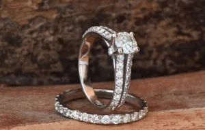 1 ct diamond ring-Art deco wedding set-halo engagement ring set -Cluster engagement ring-halo ring set-4 prong engagement-Wedding sets rings