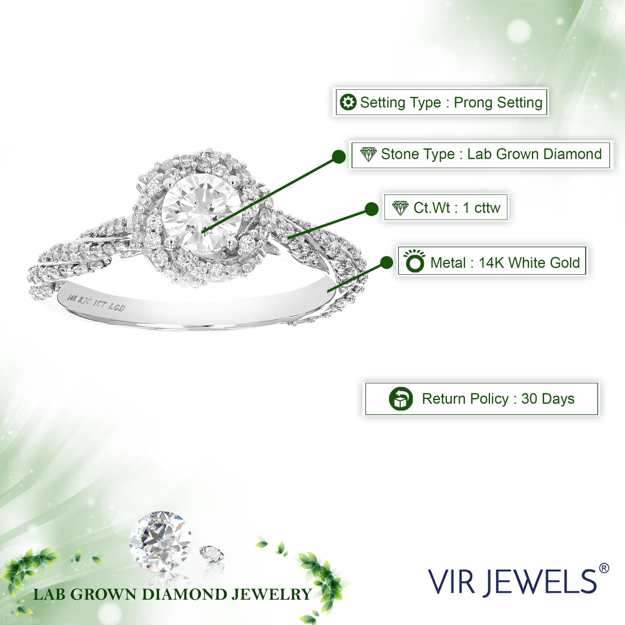 1 cttw Wedding Engagement Ring for Women, Round Lab Grown Diamond Ring in 14K White Gold, Prong Setting