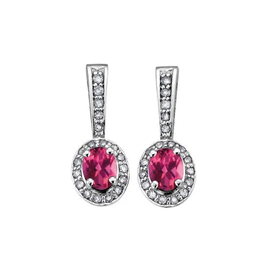 10K White Gold (June) Birthstone Pink Tourmaline and Diamond Dangle Earrings