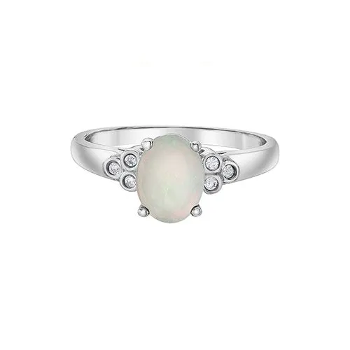 10K White Gold (October) Birthstone Opal and Diamond Ring