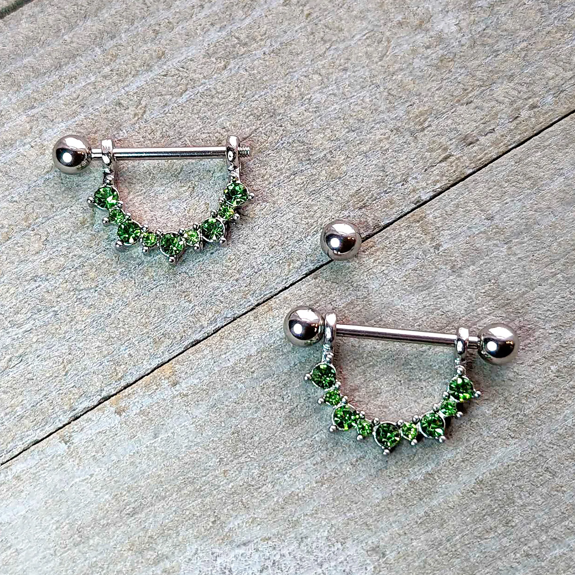14 Gauge 9/16 Green CZ Gem August Birthstone Dangle Nipple Shield Set