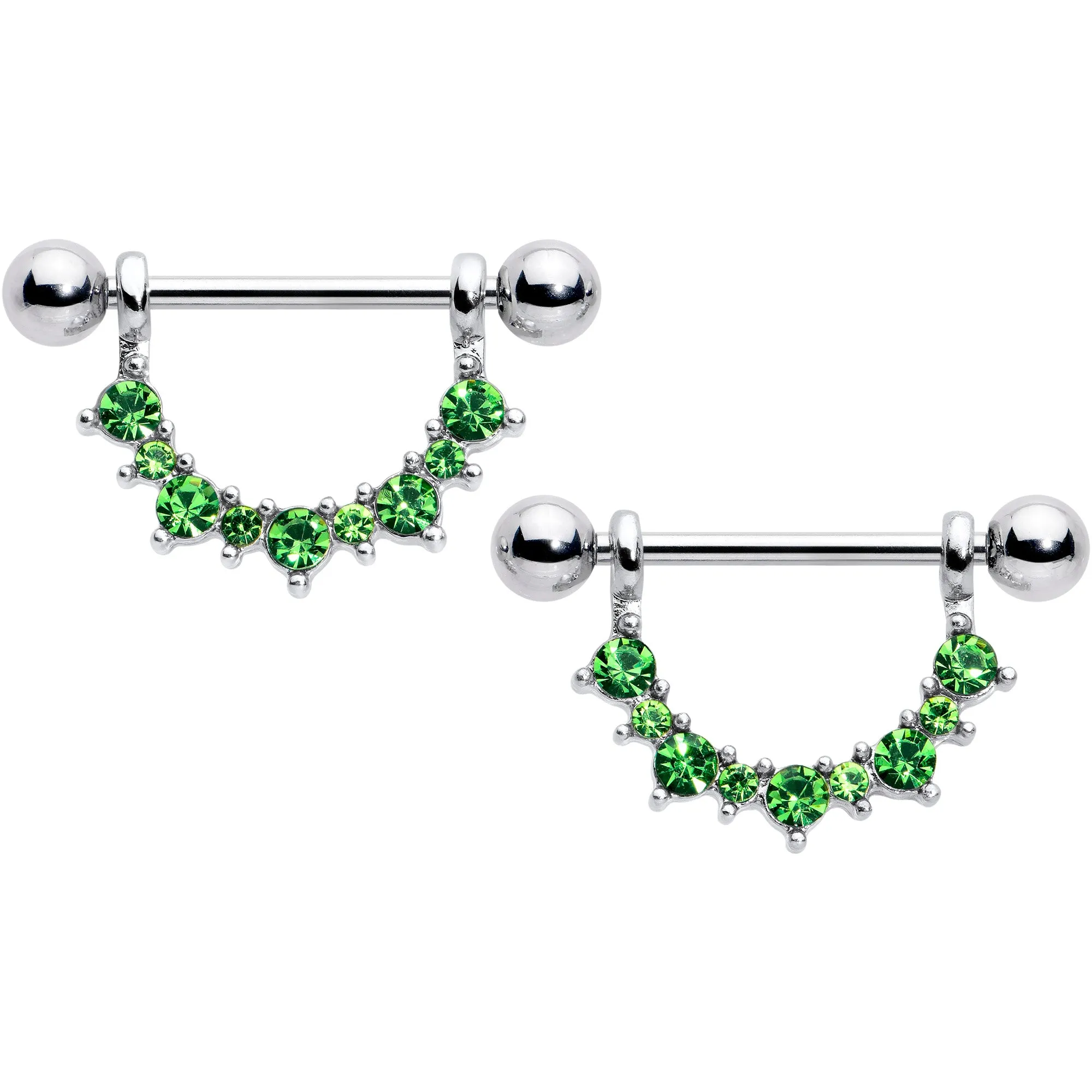 14 Gauge 9/16 Green CZ Gem August Birthstone Dangle Nipple Shield Set