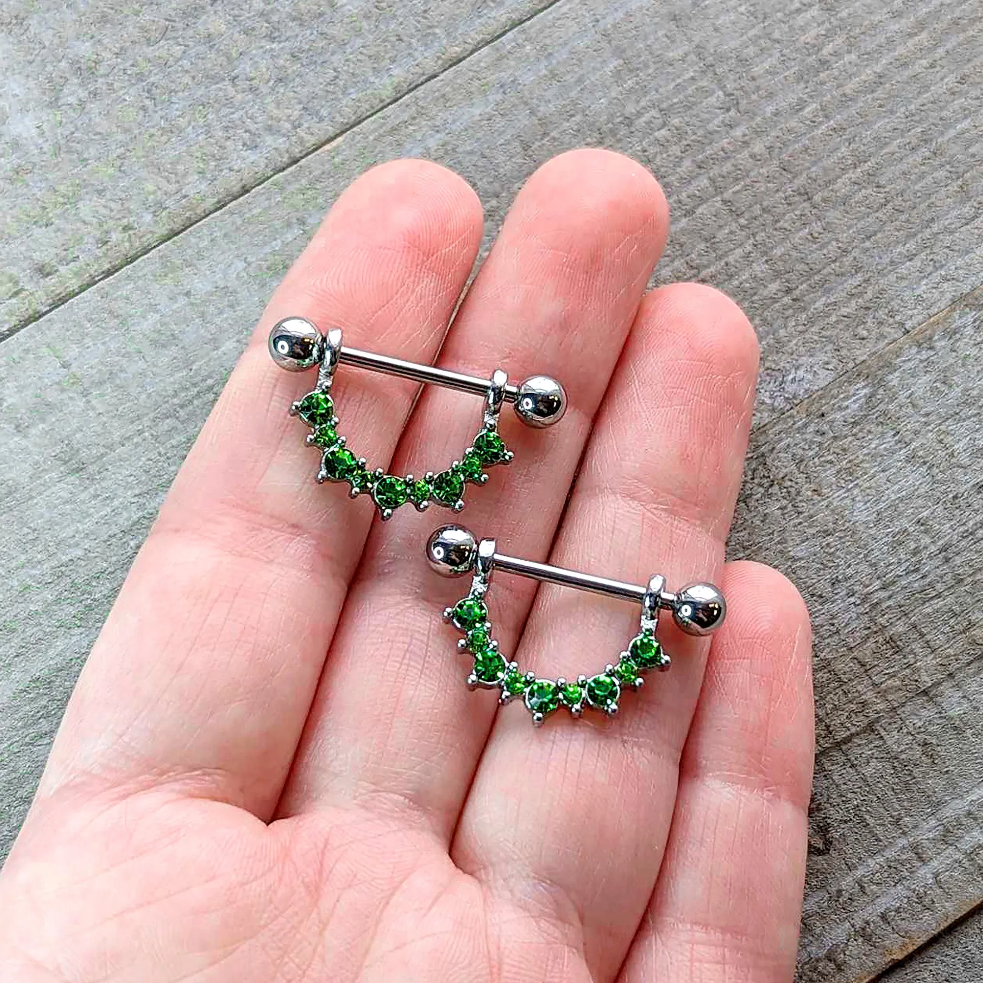 14 Gauge 9/16 Green CZ Gem August Birthstone Dangle Nipple Shield Set