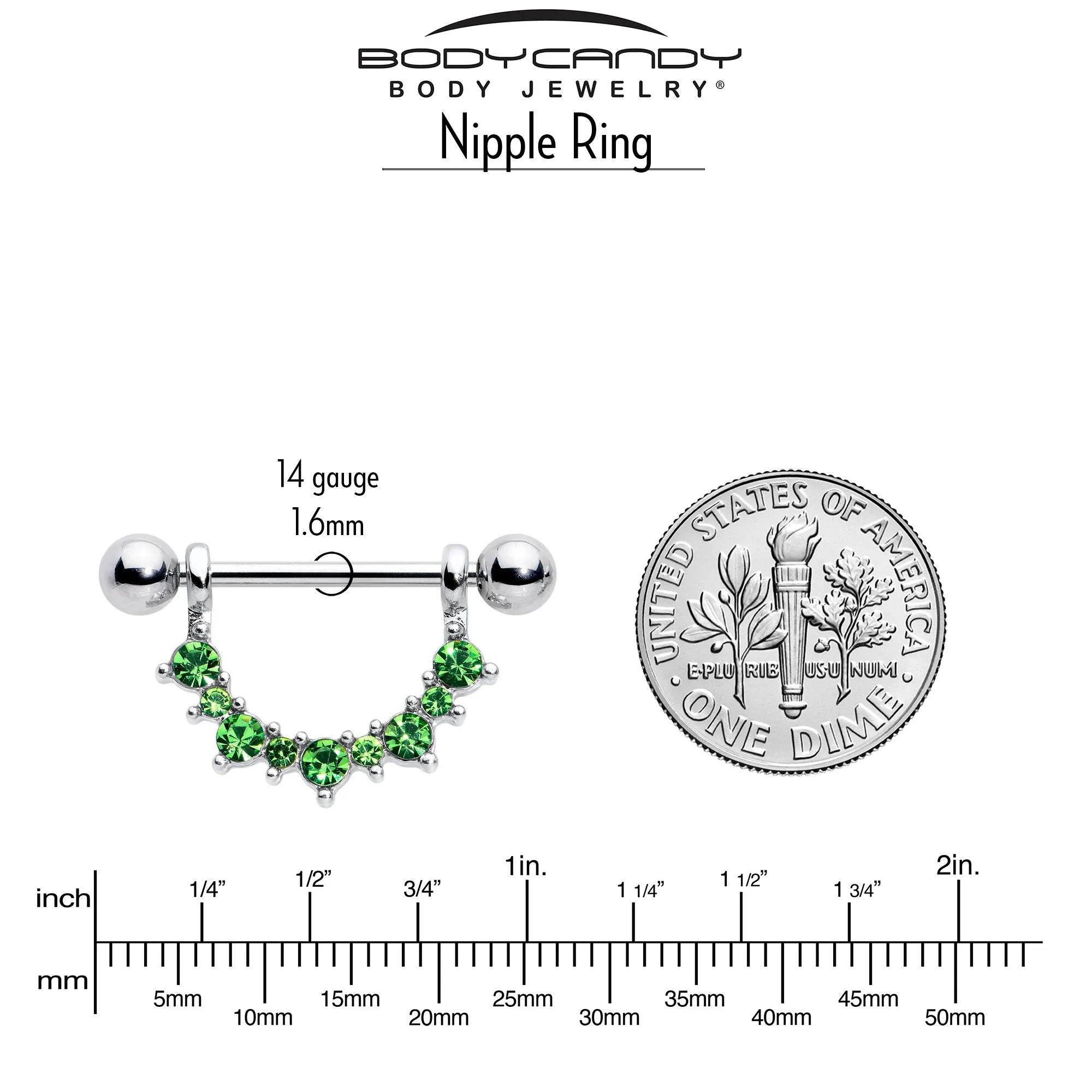 14 Gauge 9/16 Green CZ Gem August Birthstone Dangle Nipple Shield Set