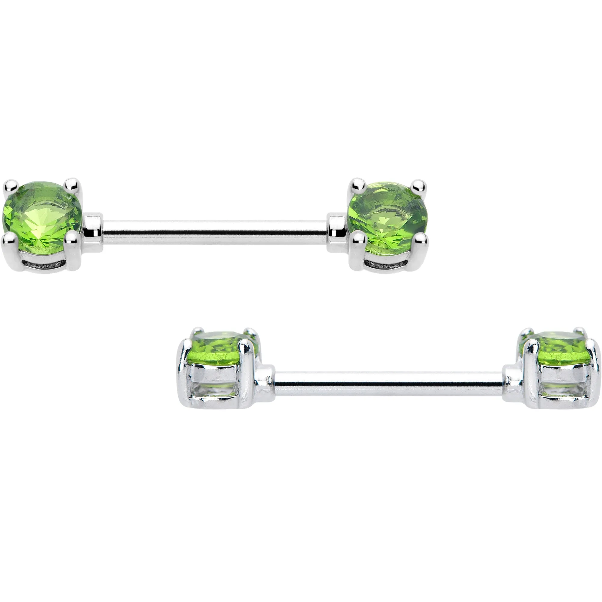 14 Gauge 9/16 Green CZ Gem August Birthstone Nipple Ring Set