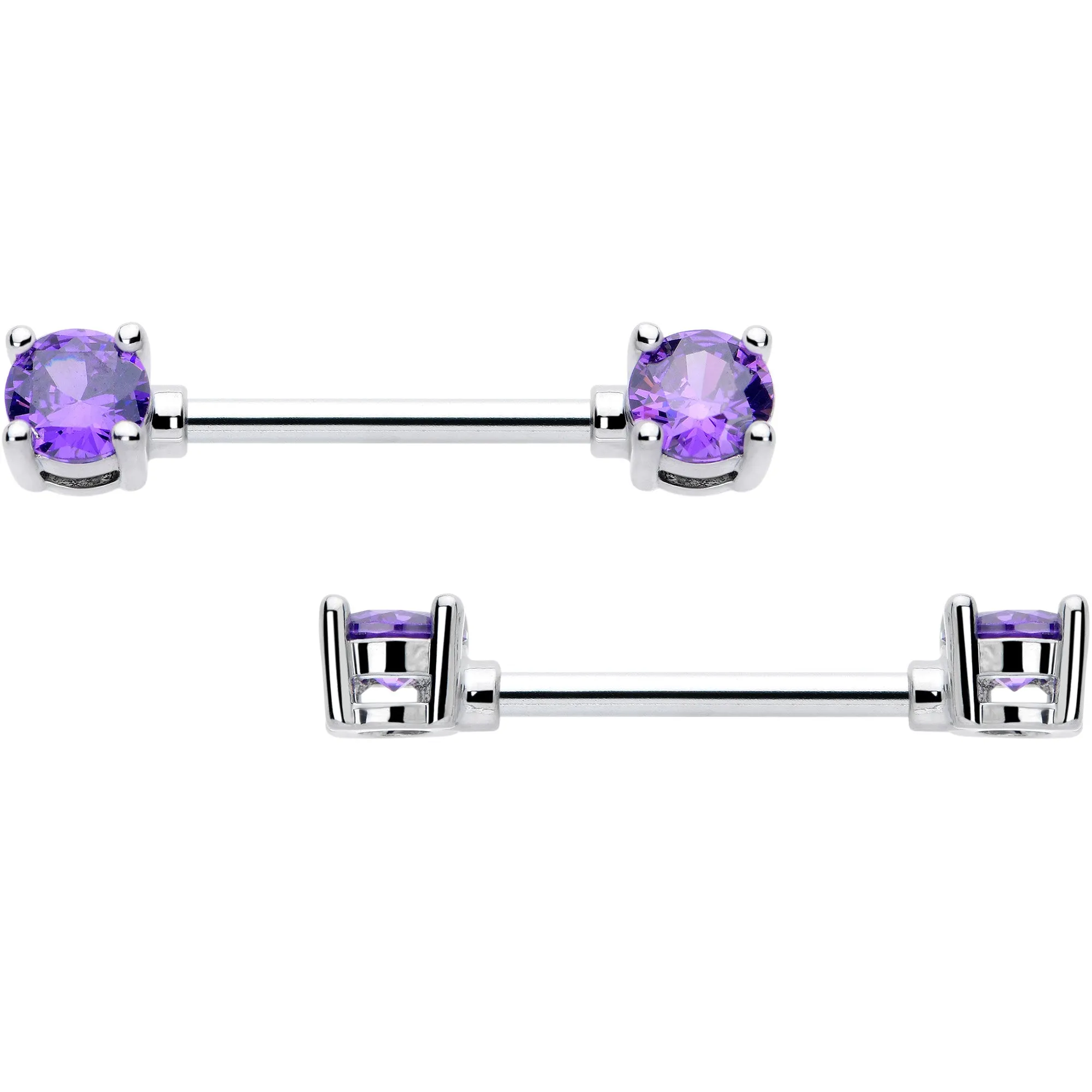 14 Gauge 9/16 Purple CZ Gem February Birthstone Nipple Ring Set