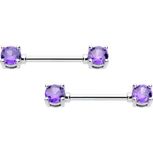 14 Gauge 9/16 Purple CZ Gem February Birthstone Nipple Ring Set