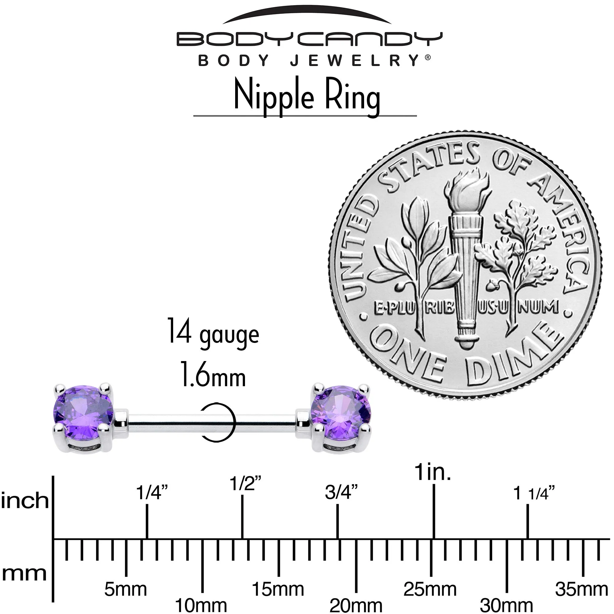 14 Gauge 9/16 Purple CZ Gem February Birthstone Nipple Ring Set
