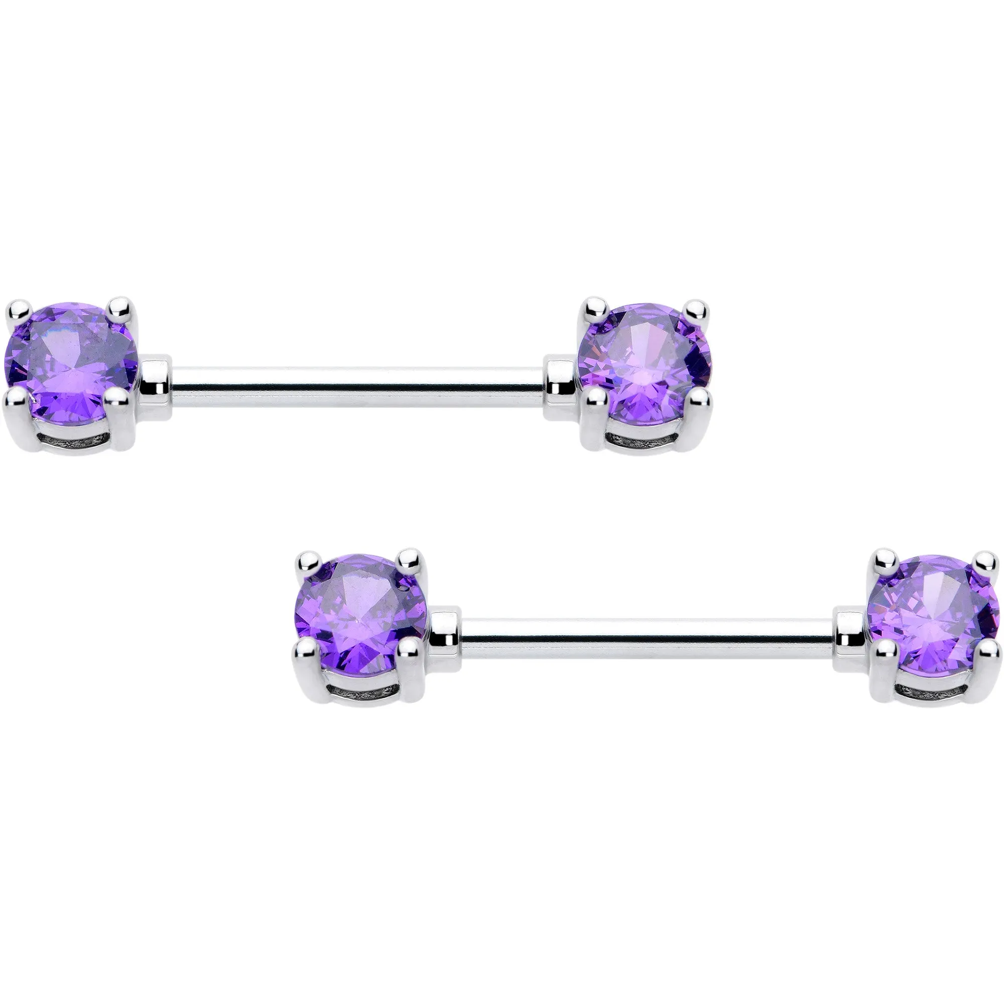 14 Gauge 9/16 Purple CZ Gem February Birthstone Nipple Ring Set