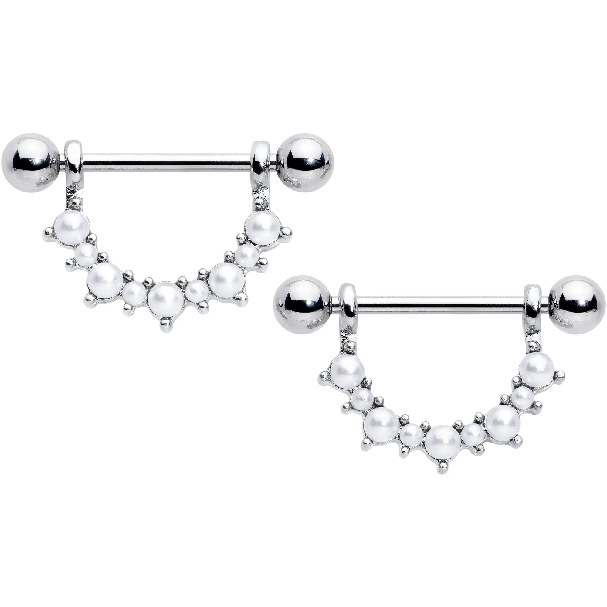 14 Gauge 9/16 White Faux Pearl June Birthstone Dangle Nipple Shield Set