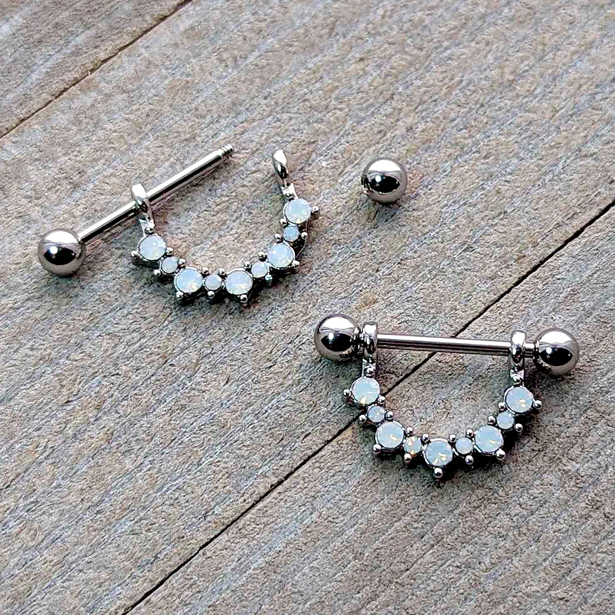 14 Gauge 9/16 White Synthetic Opal October Birthstone Nipple Shield Set