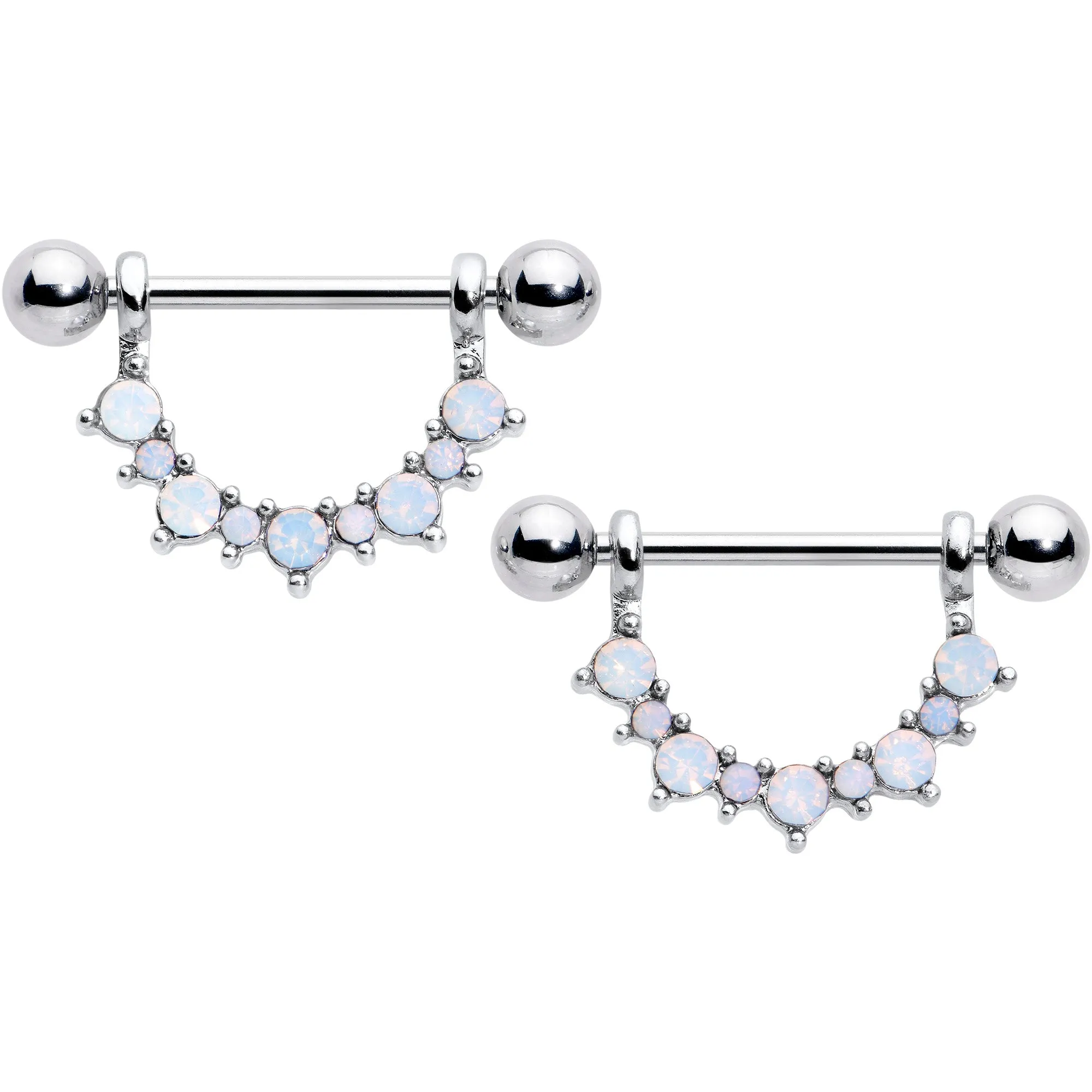 14 Gauge 9/16 White Synthetic Opal October Birthstone Nipple Shield Set