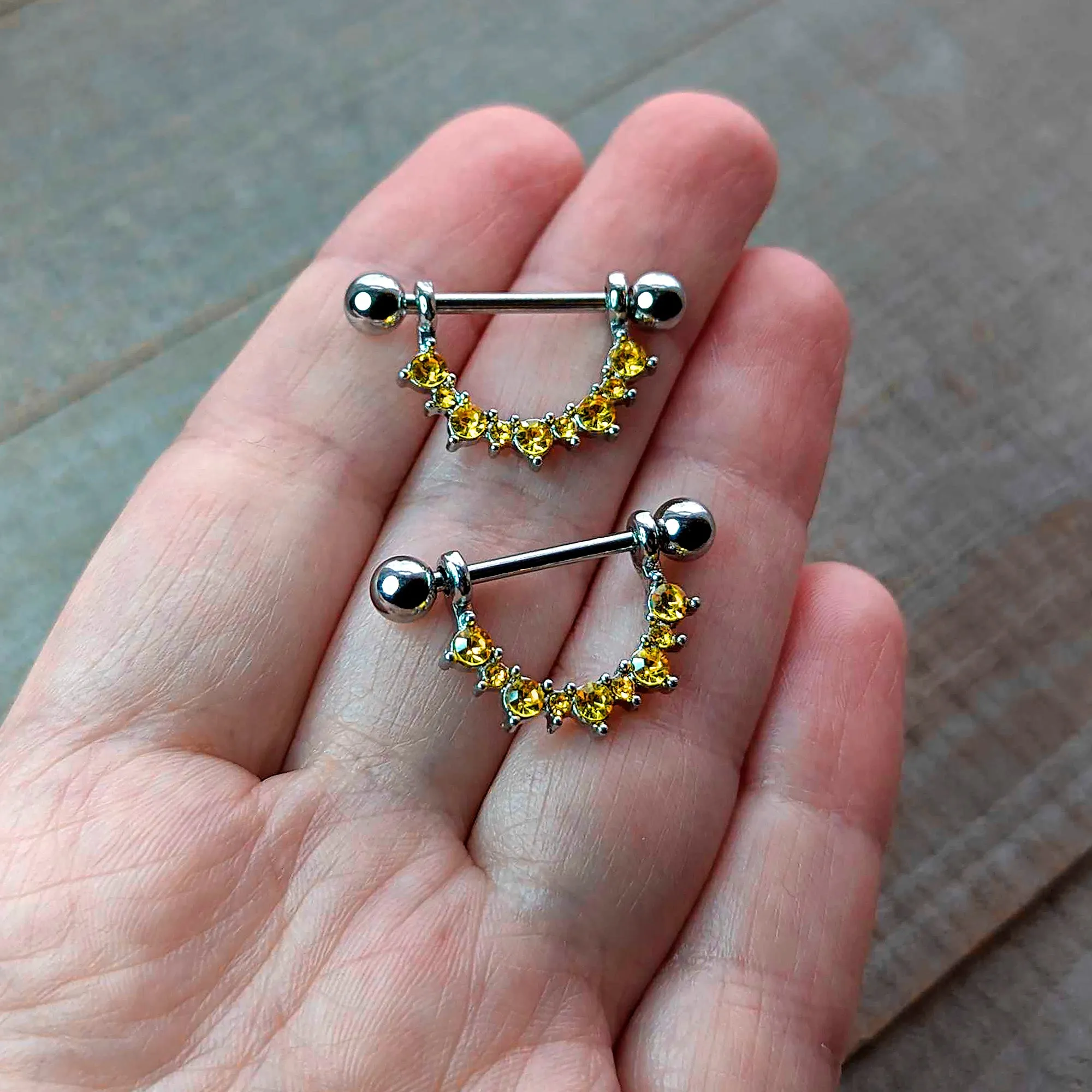 14 Gauge 9/16 Yellow CZ Gem November Birthstone Dangle Nipple Shield Set