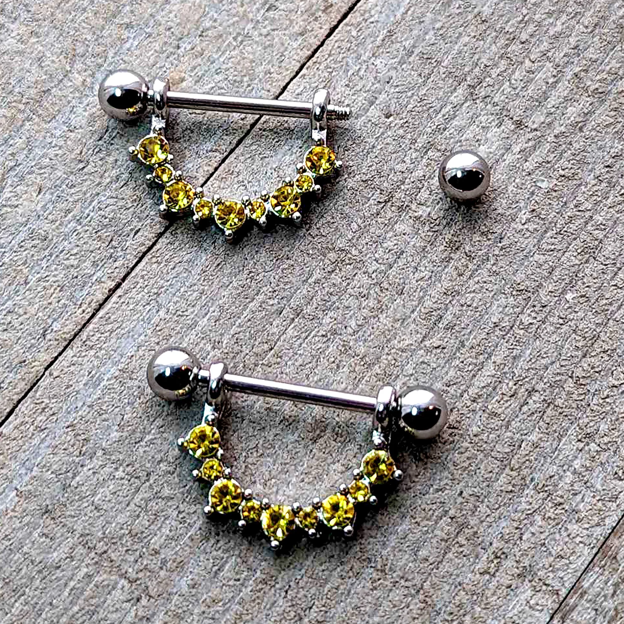 14 Gauge 9/16 Yellow CZ Gem November Birthstone Dangle Nipple Shield Set
