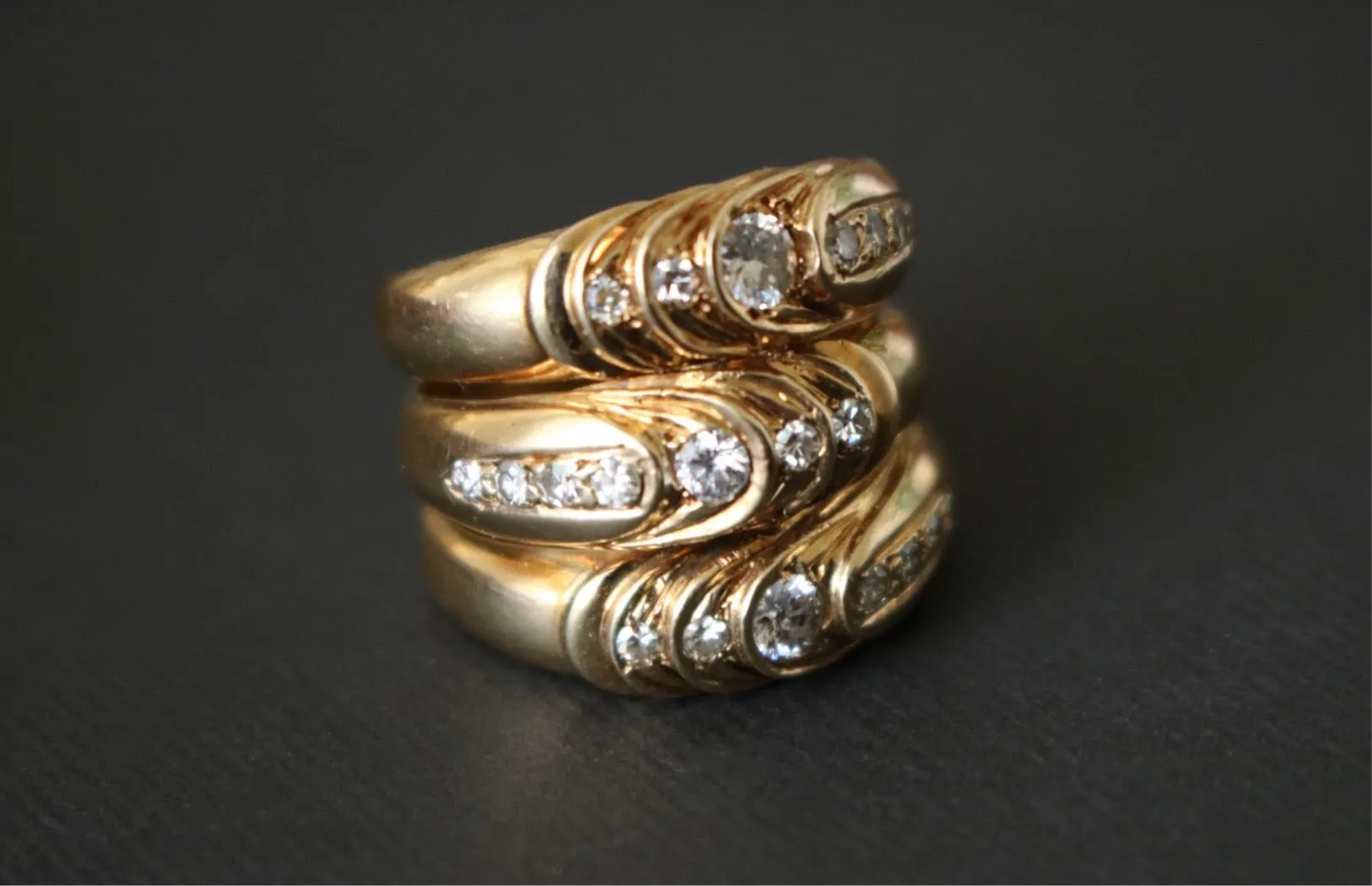 14k Gold and Diamond Triple Cigar Band Ring