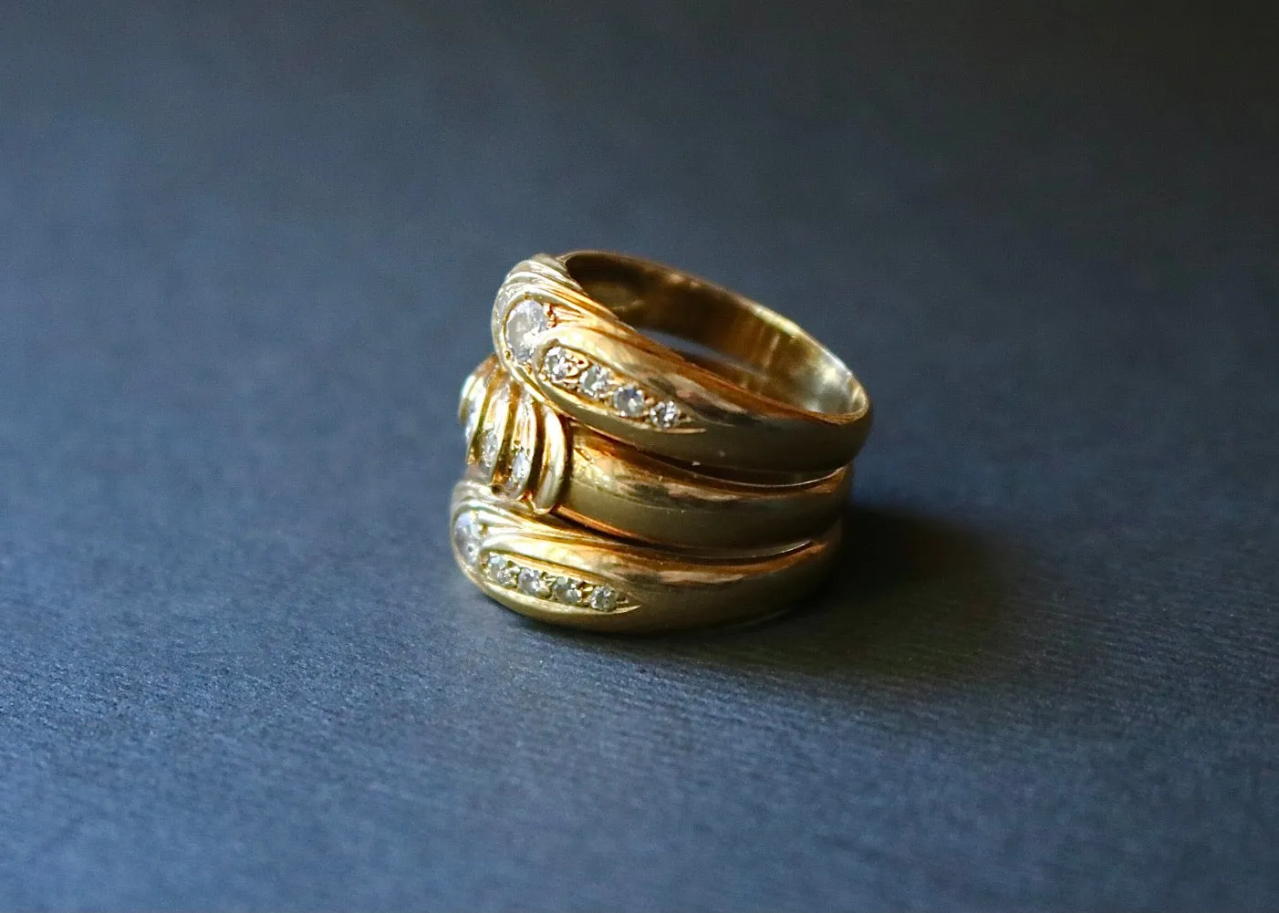 14k Gold and Diamond Triple Cigar Band Ring