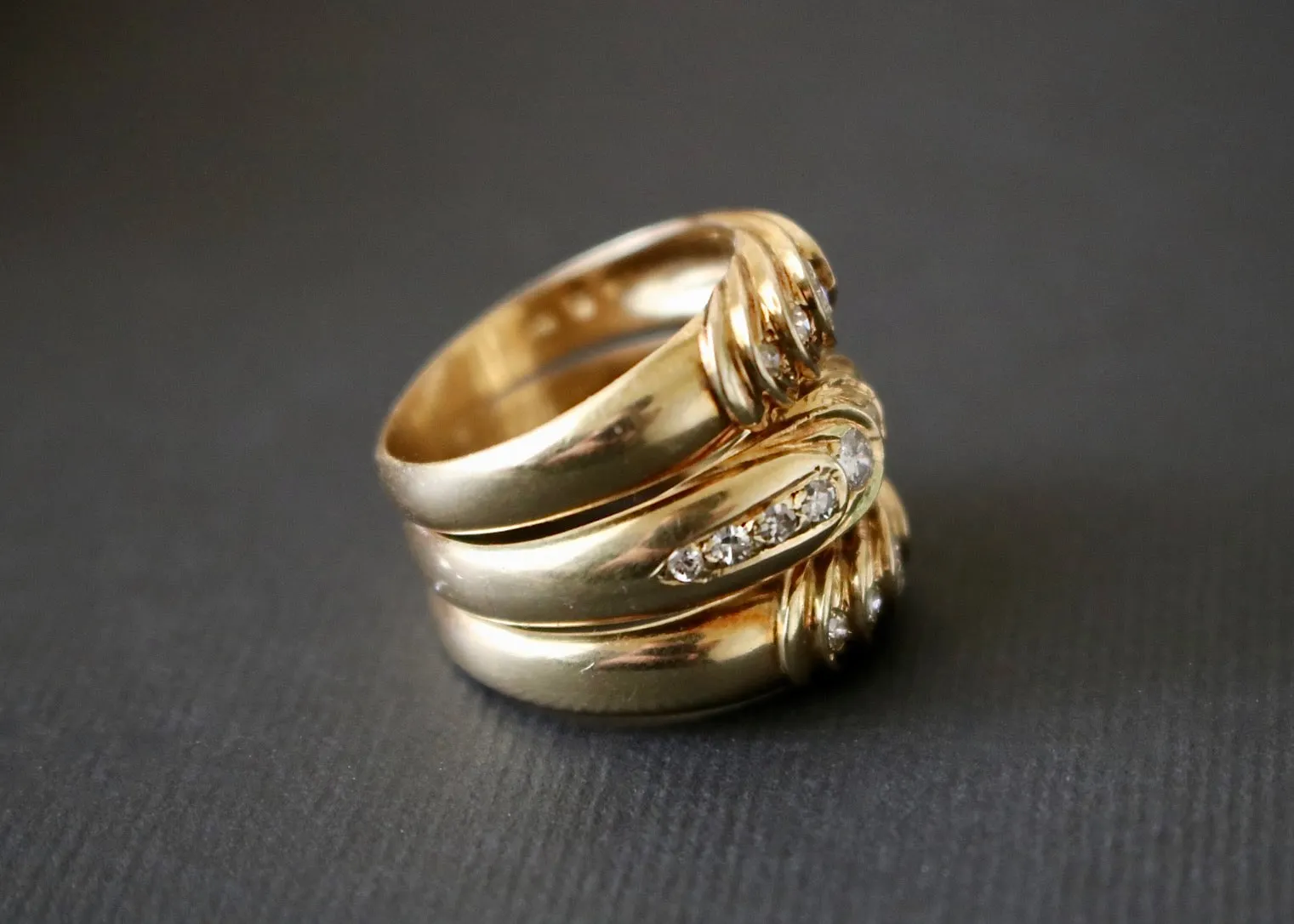 14k Gold and Diamond Triple Cigar Band Ring