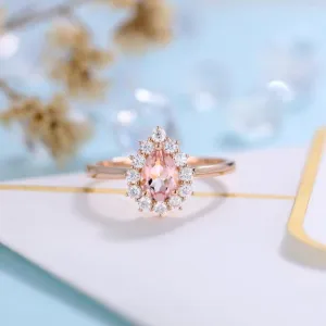 14k Rose Gold 5*7mm Morganite Halo Engagement Cocktail Engagement Ring