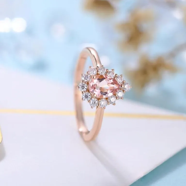 14k Rose Gold 5*7mm Morganite Halo Engagement Cocktail Engagement Ring