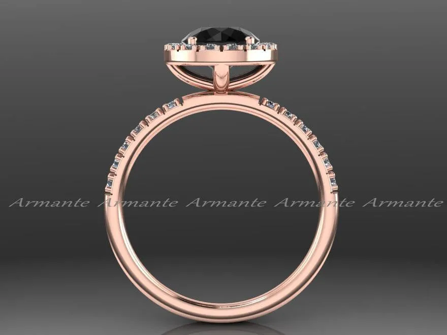 14K Rose Gold Halo Natural Black Diamond Engagement Ring