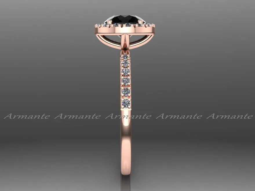 14K Rose Gold Halo Natural Black Diamond Engagement Ring