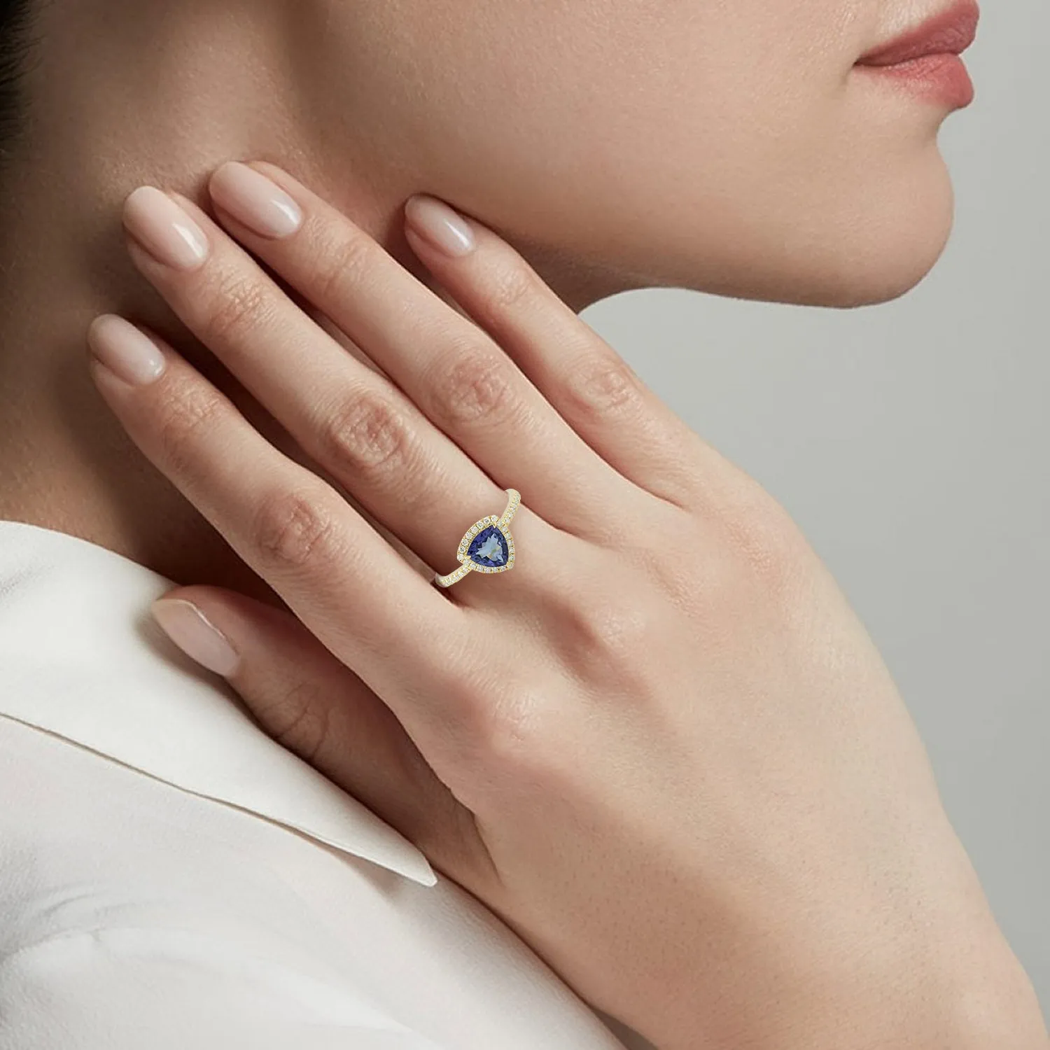 14k Solid Gold Trillion Tanzanite Pave Diamond Halo Ring Women Jewelry