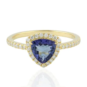 14k Solid Gold Trillion Tanzanite Pave Diamond Halo Ring Women Jewelry