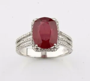 14K White Gold Halo Pave Set Three Band Diamond & Ruby Ring Size 7 TCW = 5.86 ct