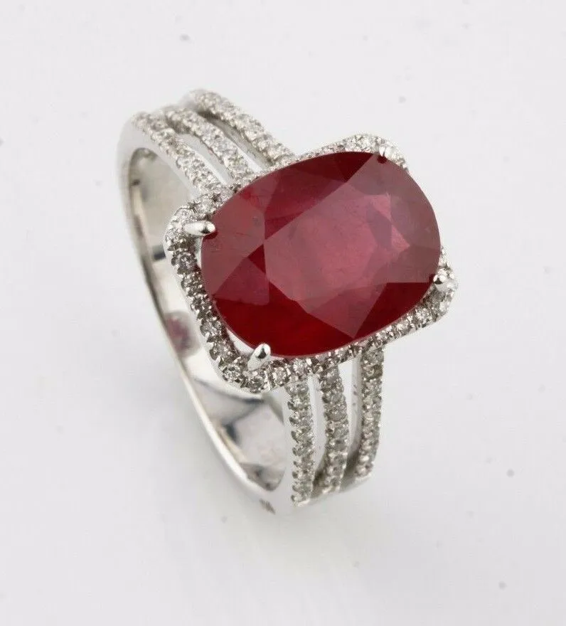 14K White Gold Halo Pave Set Three Band Diamond & Ruby Ring Size 7 TCW = 5.86 ct