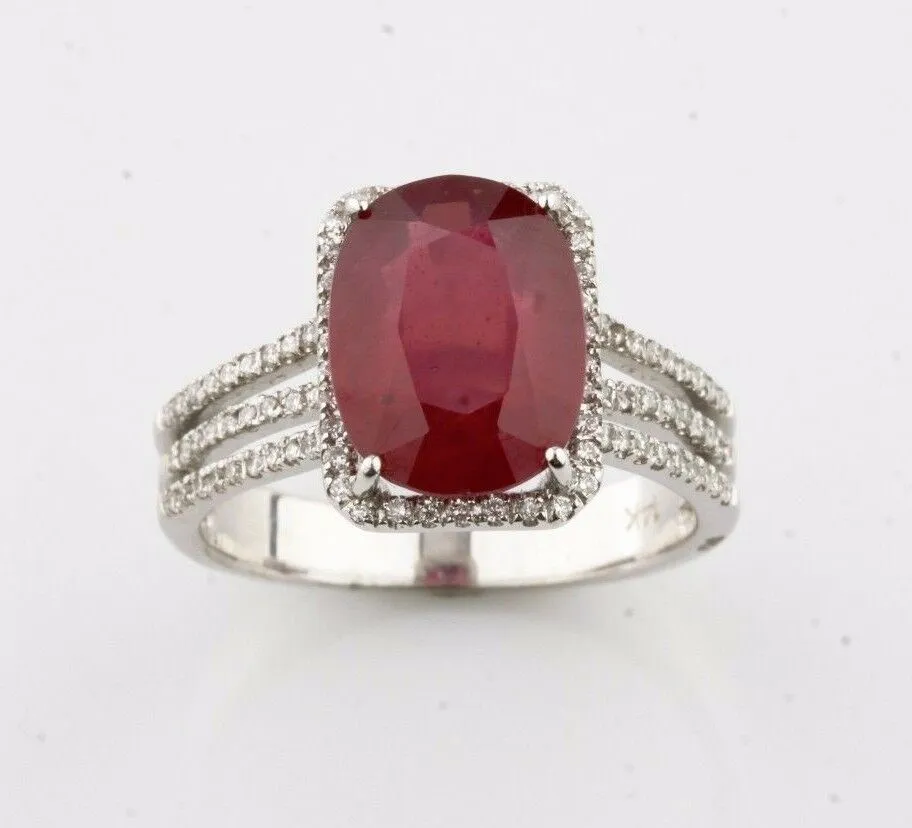 14K White Gold Halo Pave Set Three Band Diamond & Ruby Ring Size 7 TCW = 5.86 ct