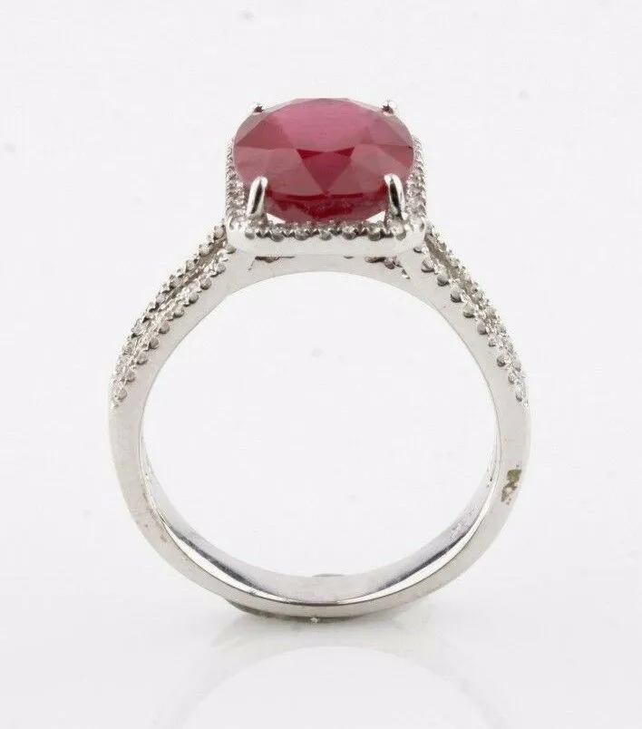 14K White Gold Halo Pave Set Three Band Diamond & Ruby Ring Size 7 TCW = 5.86 ct