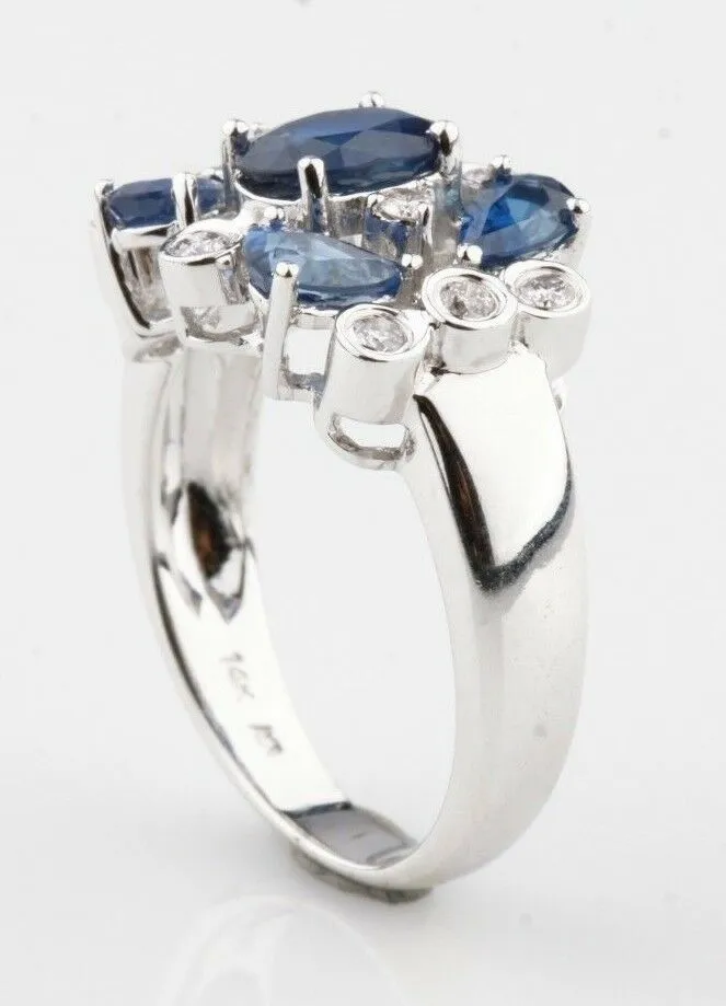14K White Gold Ladies Blue Sapphire Diamond Cluster Ring Perfect Gift for Her!