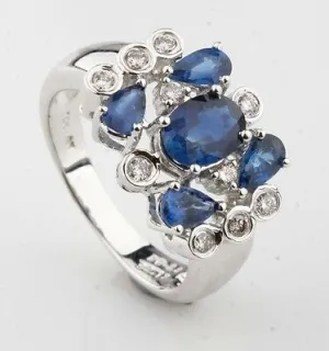 14K White Gold Ladies Blue Sapphire Diamond Cluster Ring Perfect Gift for Her!