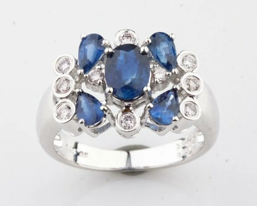 14K White Gold Ladies Blue Sapphire Diamond Cluster Ring Perfect Gift for Her!