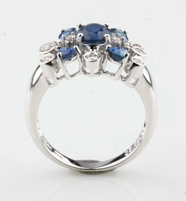14K White Gold Ladies Blue Sapphire Diamond Cluster Ring Perfect Gift for Her!