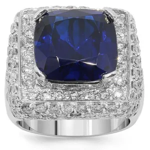 14K White Solid Gold Mens Diamond Sapphire Ring 18.56 Ctw