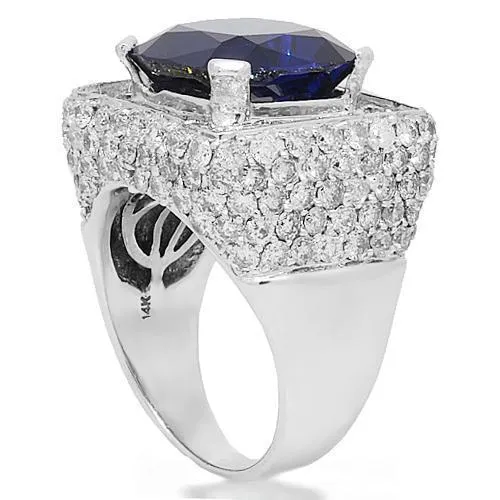 14K White Solid Gold Mens Diamond Sapphire Ring 18.56 Ctw