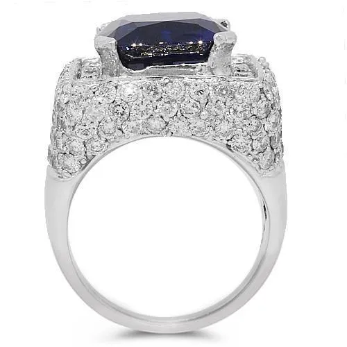 14K White Solid Gold Mens Diamond Sapphire Ring 18.56 Ctw