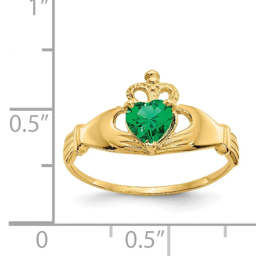 14k Yellow Gold CZ May Birthstone Claddagh Heart RIng