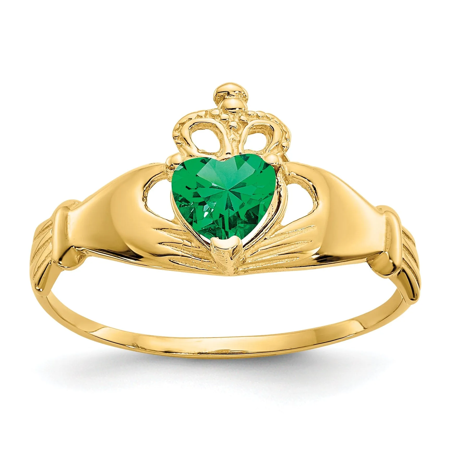 14k Yellow Gold CZ May Birthstone Claddagh Heart RIng